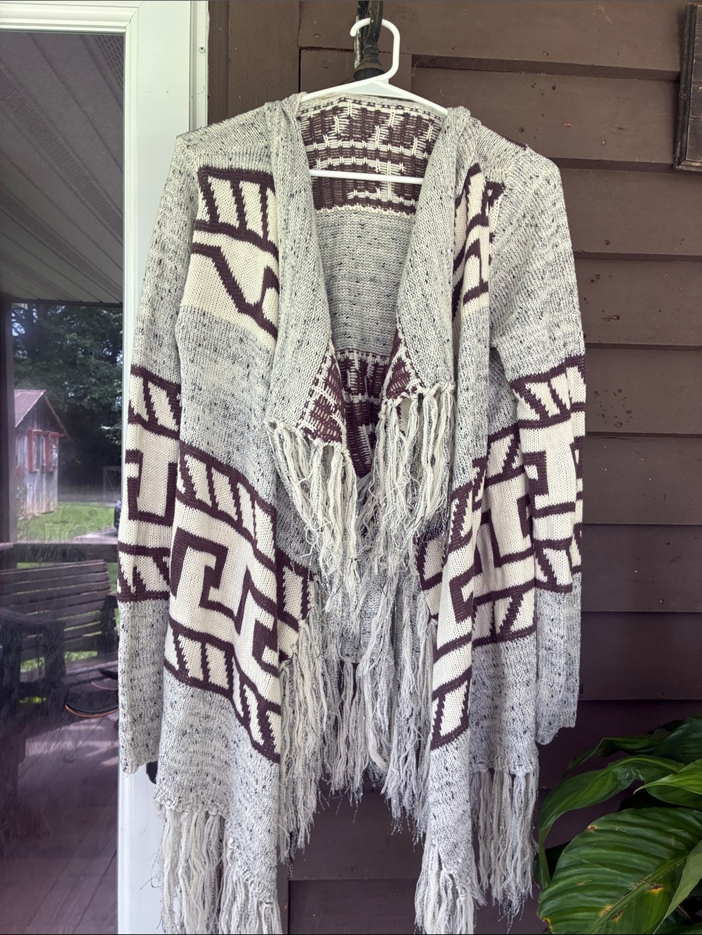 Altar'd State Cream & Brown Fringe Open-Front Knit Cardigan